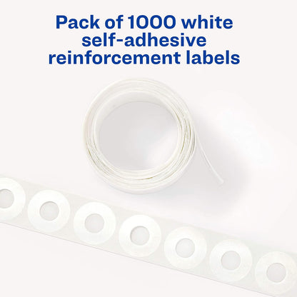 Avery Refuerzos autoadhesivos de polivinilo con diámetro estándar, color blanco, 1000 unidades por paquete (5720)
