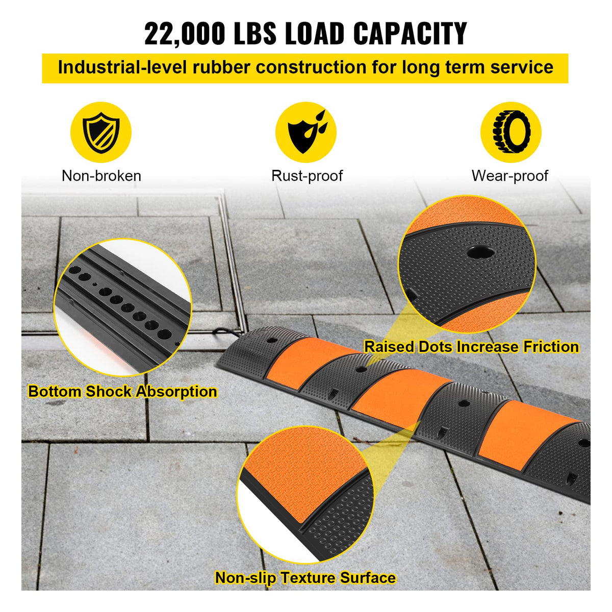VEVOR Rampa de Protección de Cable 2 Canales Canaleta Pasacables de Suelo 3 x 4 cm Protector de Cables de Caucho y PVC Capacidad de Carga de 9980 kg Cubiertas de Suelo para Cables Negro y Amarillo