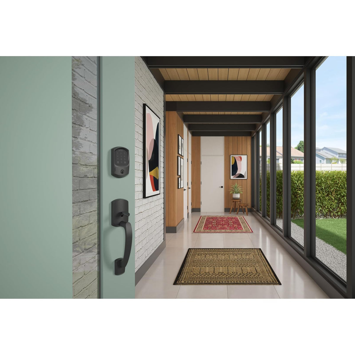 SCHLAGE BE489WB GRW 622 - Cerradura inteligente con cerrojo de seguridad WiFi, cerradura de puerta con visualización táctil sin llave con ribete Greenwich, negro mate
