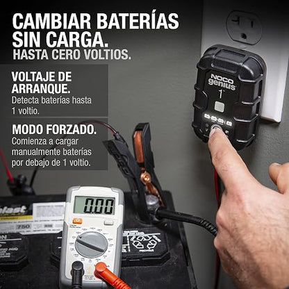 NOCO GENIUS1: Cargador de batería Inteligente 6V/12V 1A – Mantenedor automático, Cargador Lento y desulfatador con protección contra sobrecarga y compensación térmica – para baterías Plomo y Litio