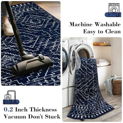 Wonnitar - Alfombra marroquí Lavable de 3 x 5 Pulgadas, Color Azul, Antideslizante, Suave, no desprende Pelusa, Alfombra geométrica de Pelo bajo, Alfombra escandinava, para Entrada, Cocina, sótano