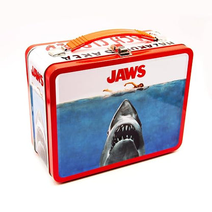 AQUARIUS Jaws Gen 2 Fun Box - Caja de almacenamiento de lata resistente con mango de plástico y cubierta frontal en relieve, mercancía oficial de mandíbulas y regalo coleccionable para niños,
