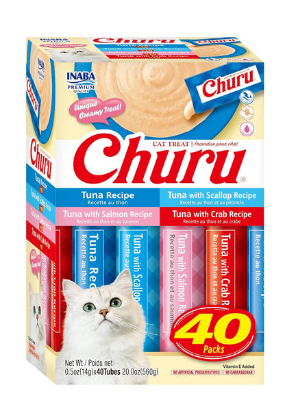 Churu Inaba Premios Cremosos para Gato, Control de Bolas de Pelo, 24 Tubos - Mix Atún - 40 Tubos
