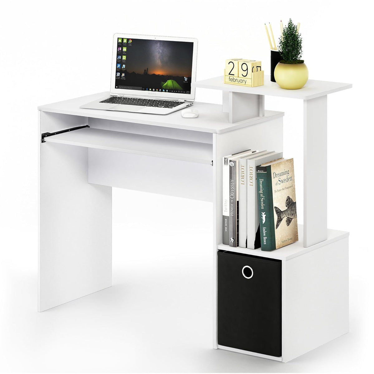 Furinno Econ Escritorio de Computadora Multifuncional para Oficina en Casa con Contenedor, Blanco con Negro