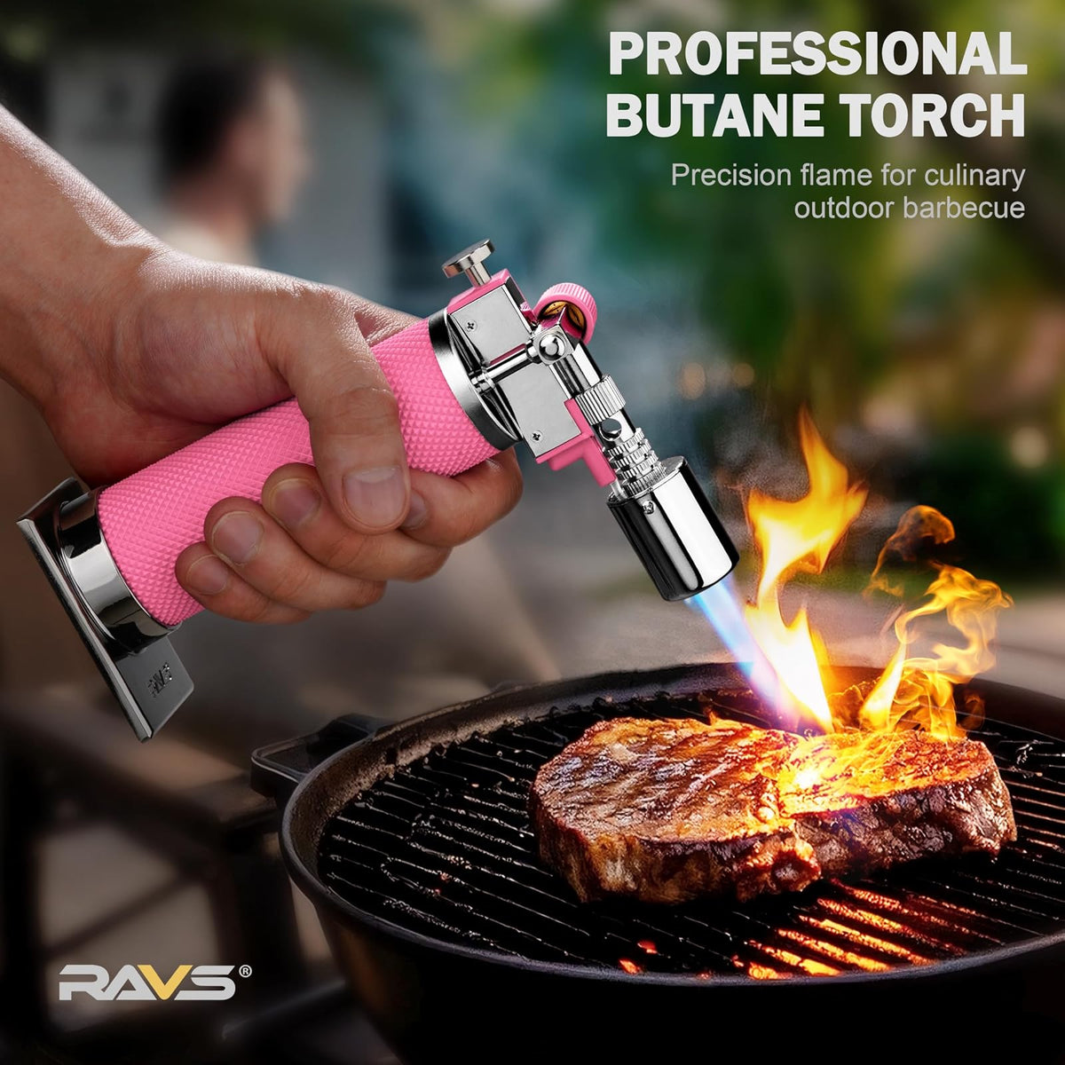 RAVS - Antorcha de butano, antorcha de cocina para crema Brulee con llama ajustable, antorcha de cocina para hornear, barbacoa, postres, mini antorcha de metal con hebilla de seguridad, rosa (butano