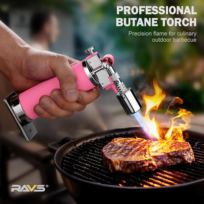 RAVS - Antorcha de butano, antorcha de cocina para crema Brulee con llama ajustable, antorcha de cocina para hornear, barbacoa, postres, mini antorcha de metal con hebilla de seguridad, rosa (butano