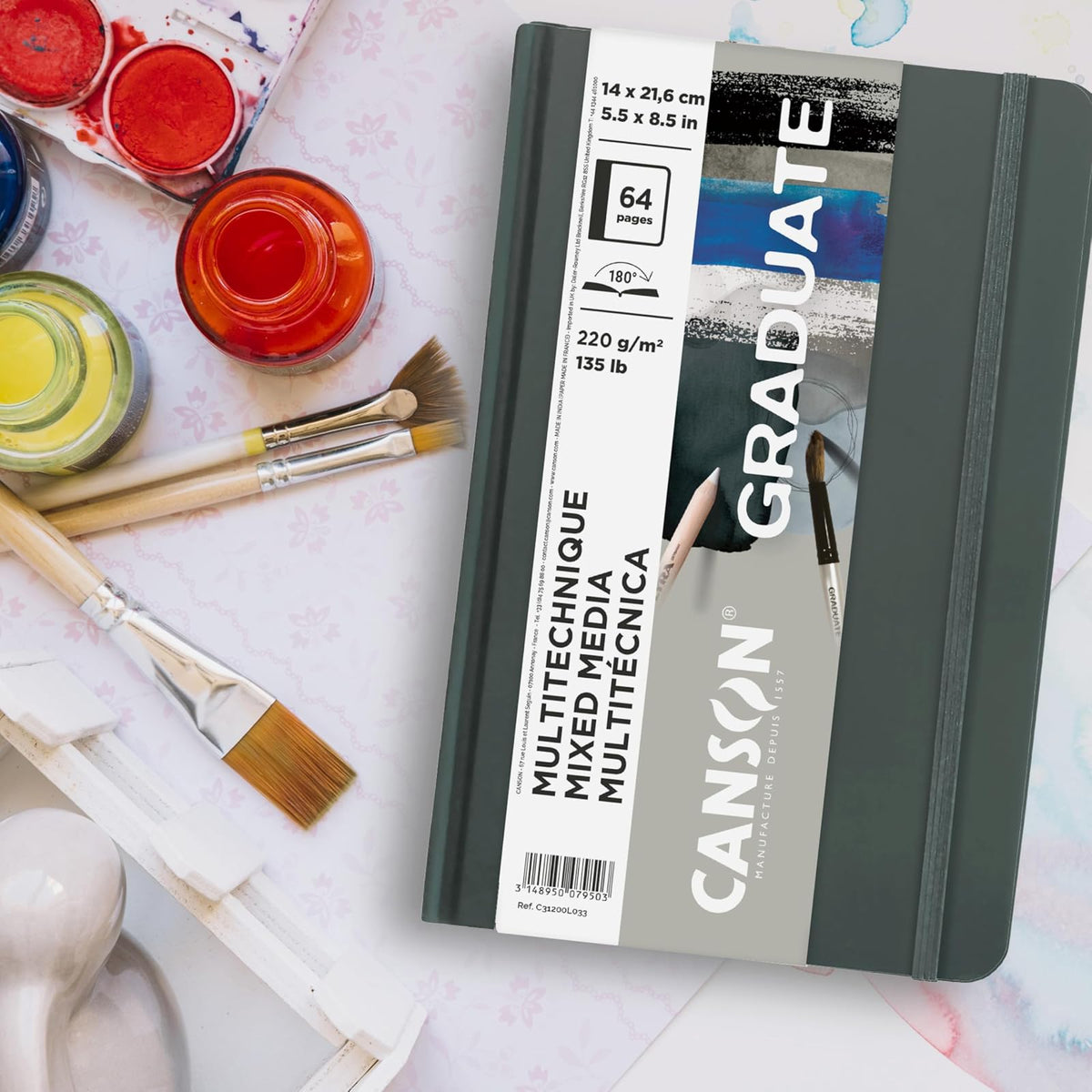 Canson - Papel mixto de papel para graduado, color gris, tapa dura, 14 x 21 cm, 32 hojas - Papel de artista para collage, acuarela, tinta, lápiz, marcador