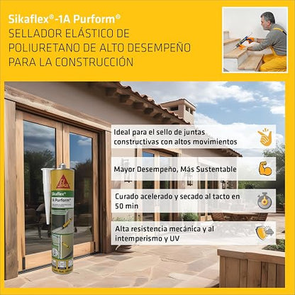 Sika - Sellador de Juntas Elástico Sikaflex 1A Purform - Poliuretano de Alto Desempeño - Ideal para Juntas con Alto Movimiento -Uso Interior y Exterior - Gris - Cartucho 300 ml