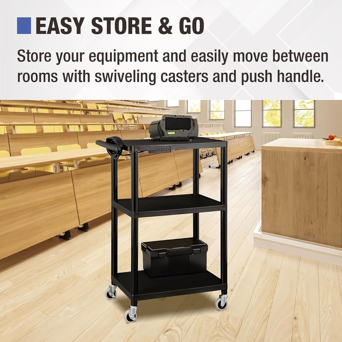 Norwood Commercial Furniture NOR-OUG1042-SO Adjustable-Height Mobile Black Plastic Utility AV Cart with Power Strip