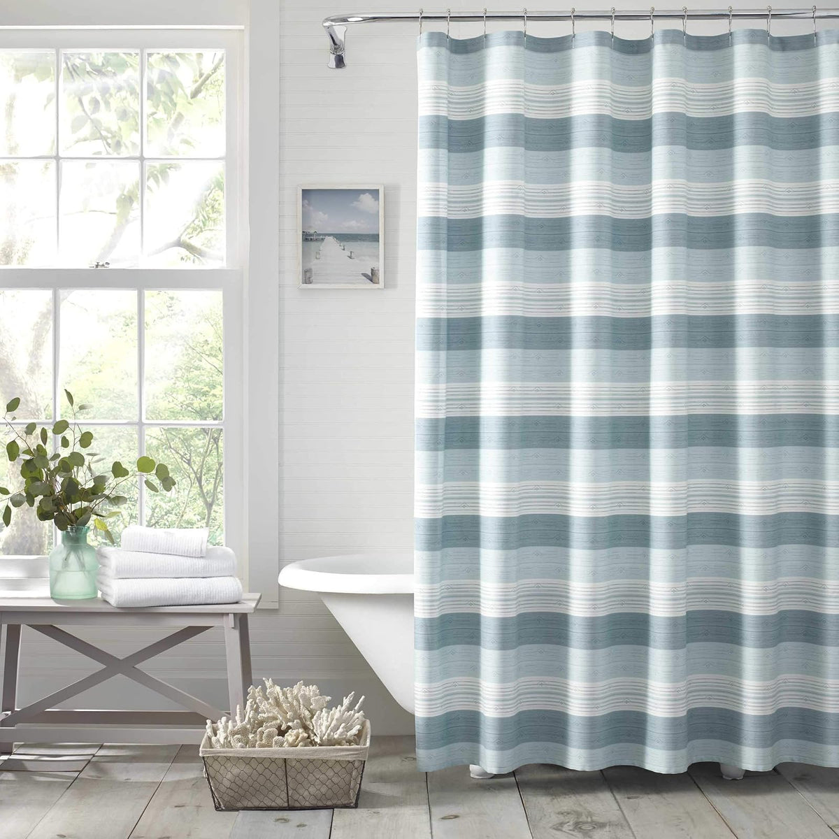 Tommy Bahama - Cortina de Ducha de Tela, Elegante decoración de baño a Rayas, con Agujeros en la Parte Superior (Hula Beach Blue, 72 x 72 Pulgadas) - Hula Beach Blue - 72x72
