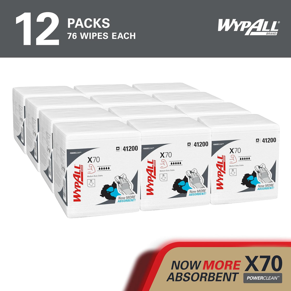 WypAll Power Clean X70 - Paños de servicio medio (41200), cuarto de pliegue, rendimiento de larga duración, blanco, 12 paquetes, 76 hojas/paquete