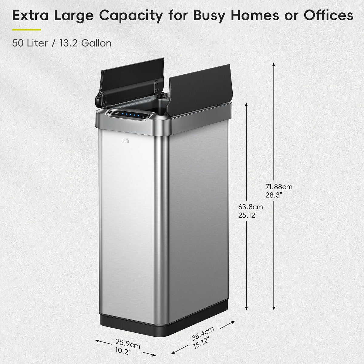 EKO Phantom-T - Bote de basura vertical con sensor de movimiento de 50 litros, acabado de acero inoxidable cepillado