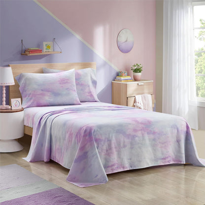 Heritage Kids - Juego de sábanas matrimoniales de 4 piezas – color morado acuarela, incluye sábana superior, sábana bajera ajustable y 2 fundas de almohada, ropa de cama suave y cómoda para habitación