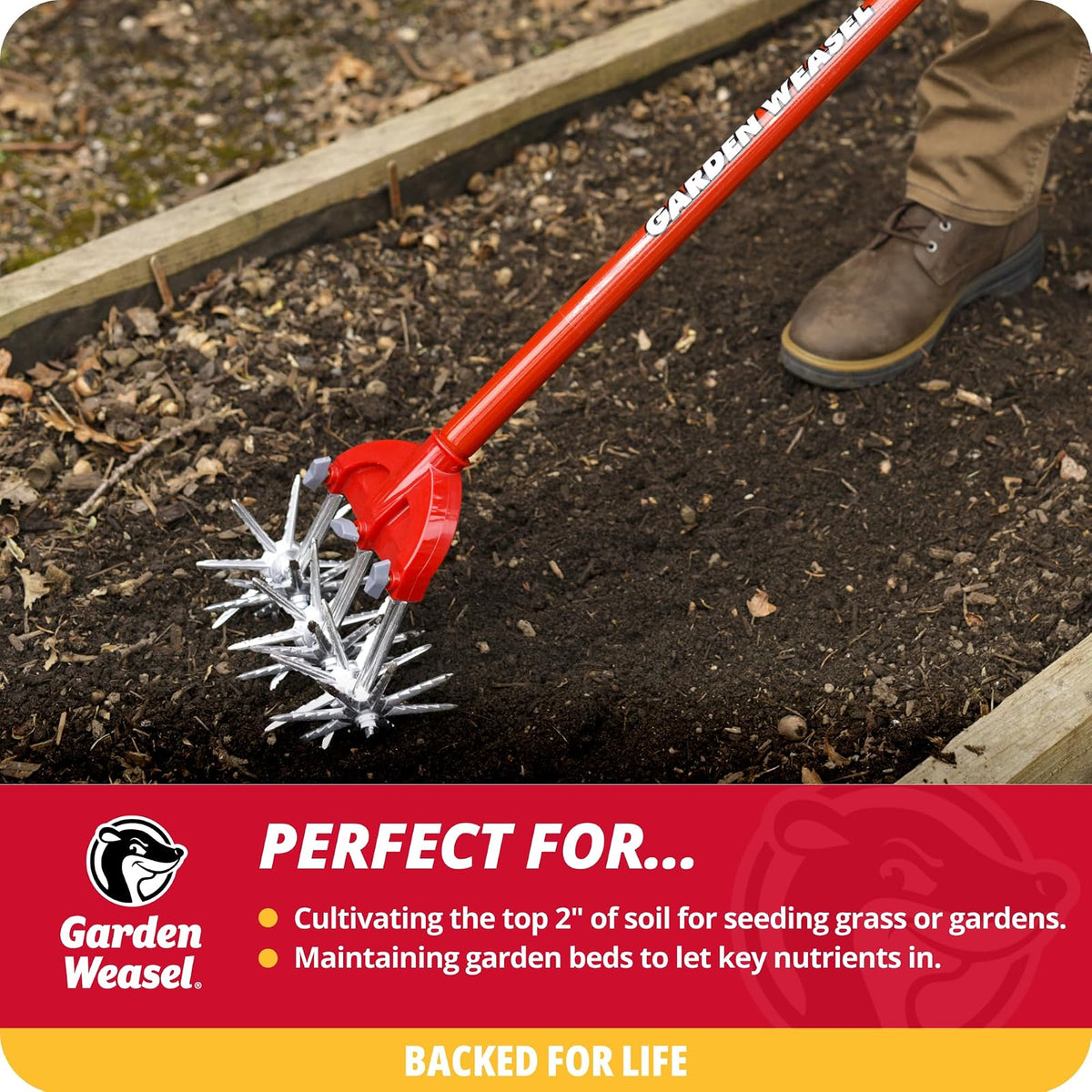 Garden Weasel Cultivador Y Timón 90206 | Mano, Dientes Desmontables, Manual Tierra, Resistente Intemperie, Resistente Óxido, Acero Carbono