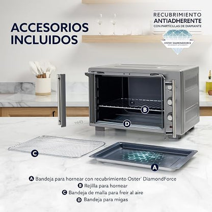 Oster Horno Eléctrico, con Freidora de Aire, 35 L de Capacidad, Para Hornear, Asar, Tostar, Freír al Aire, y Convección, Pollo y Más, Temporizador 60 Minutos, Accesorios, Gris, TSSTTV35FDMAFNS-1MX