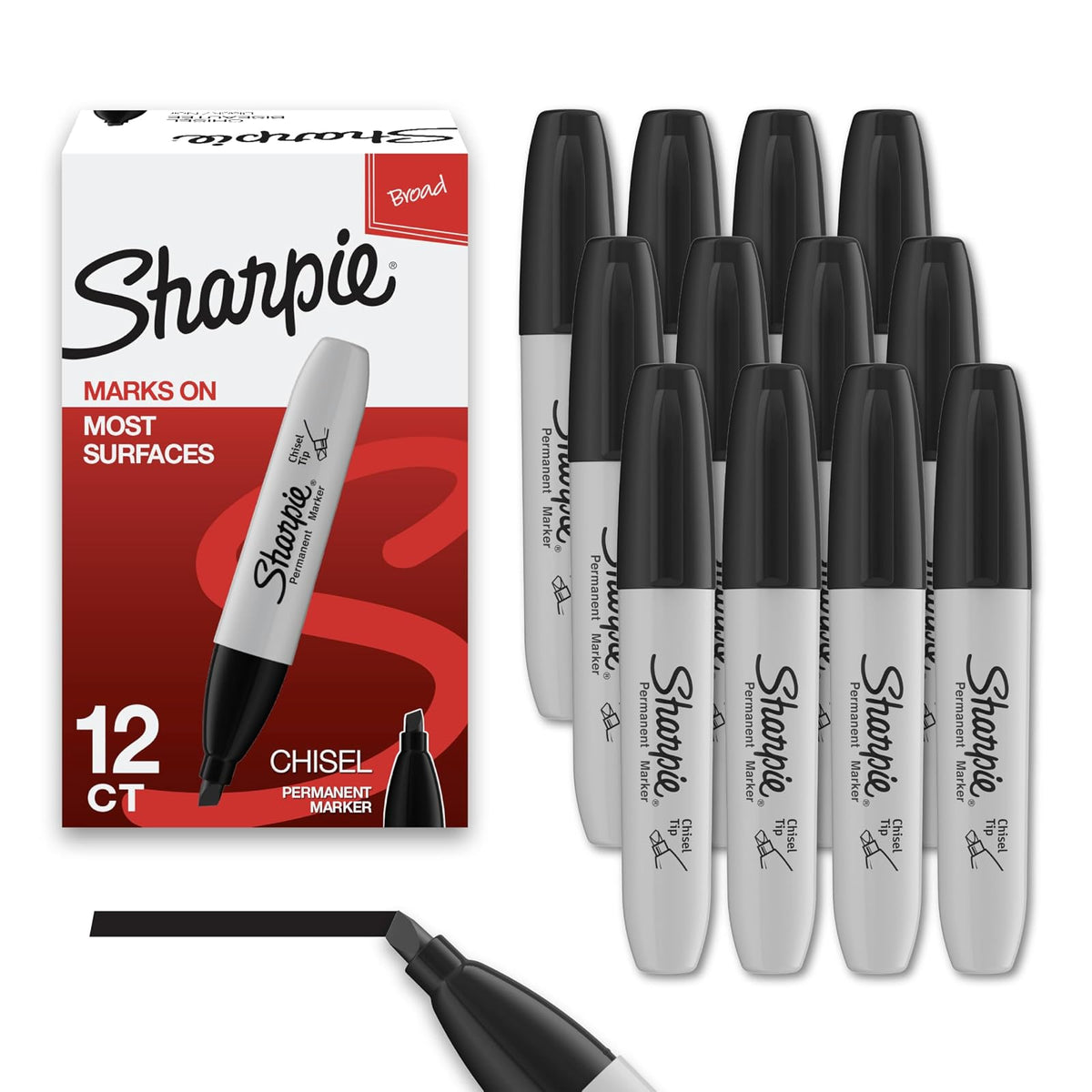 Sharpie 38201 Marcadores permanentes, punta de cincel, negro, 12 unidades