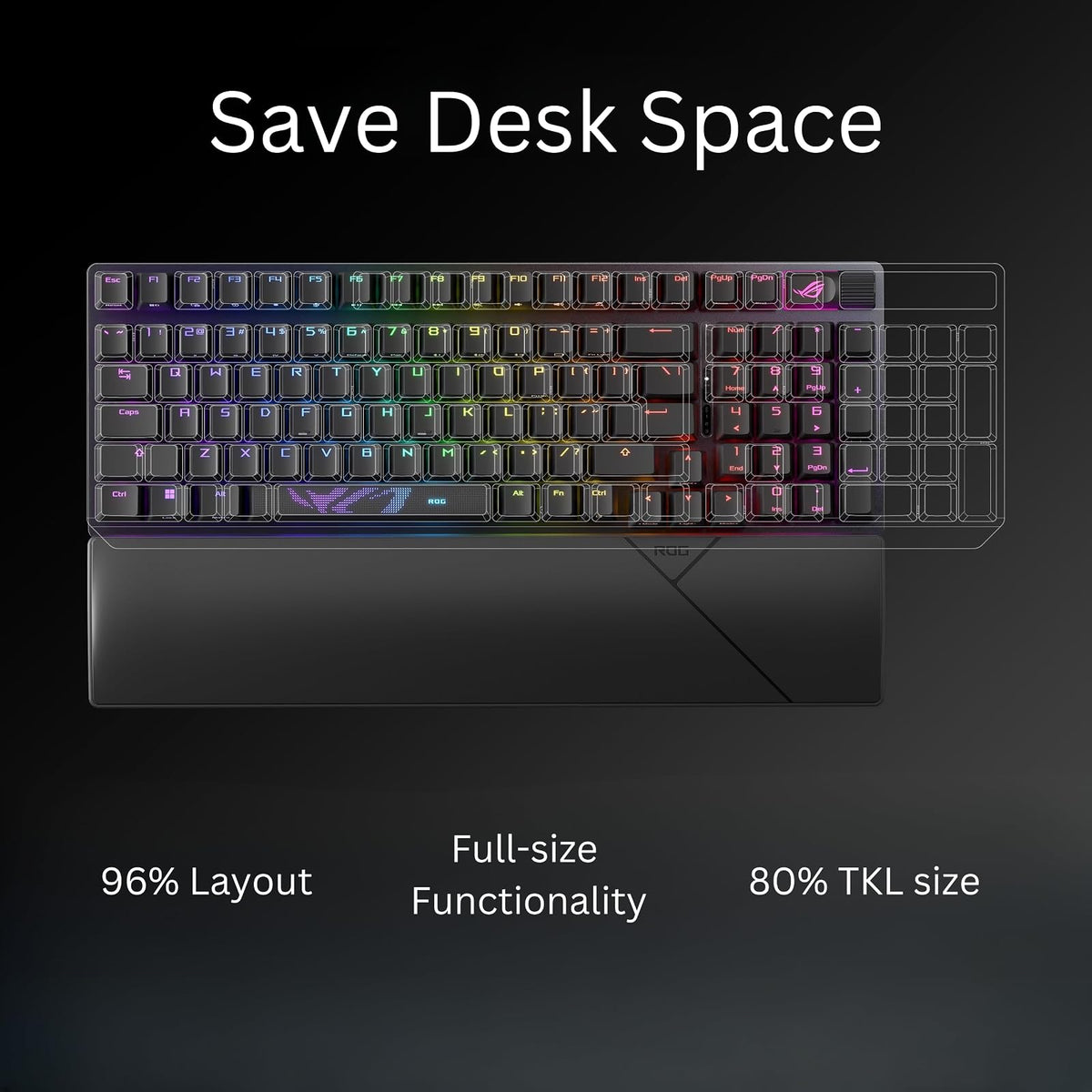 ASUS ROG Strix Scope II 96 Teclado Mecánico RGB Teclas PBT para FPS y MOBA | Inalámbrico tri-modo (2.4GHz/BT/USB-C), formato 96%, switches ROG NX Snow lineales hot-swap, teclas PBT, RGB, hasta 1500h