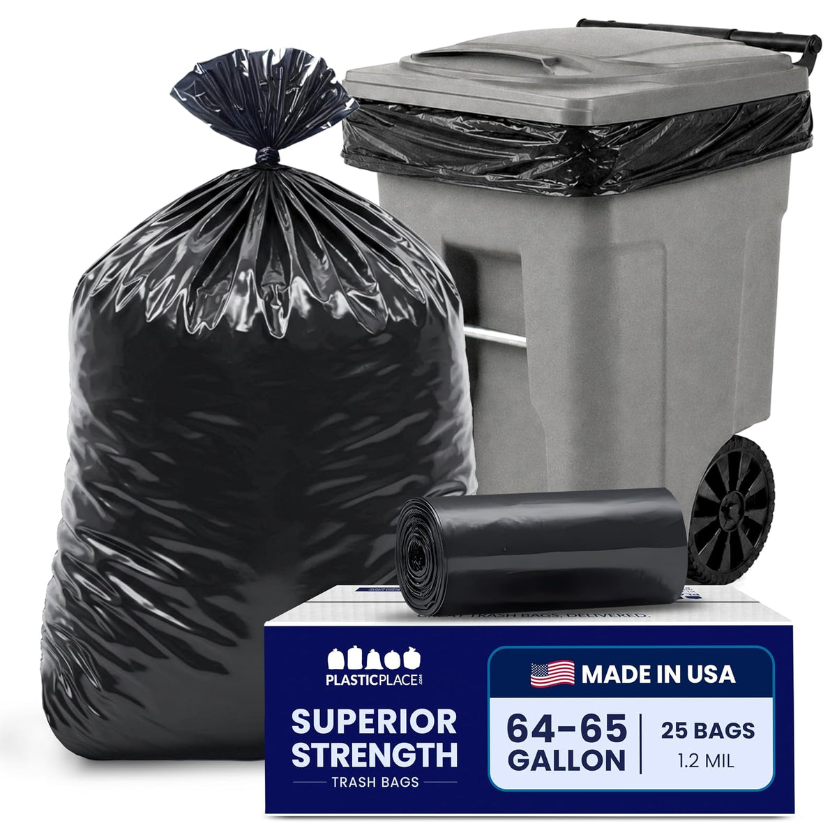 Plasticplace Bolsas de basura de 64 a 65 galones para Toter │ 1,2 mil │ Bolsas de basura negras resistentes │ Rollo │ 50 pulgadas x 60 pulgadas (25 unidades)