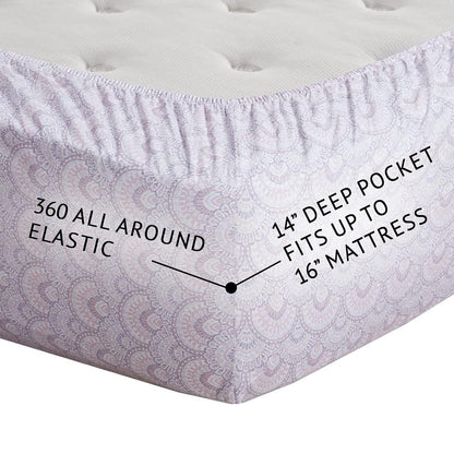 Comfort Spaces - Juego de sábanas de algodón de 144 hilos, transpirable, ligero, suave con bolsillo profundo elástico, ropa de cama moderna para todas las estaciones, funda de almohada a juego, King, morado Tabitha, 4 piezas