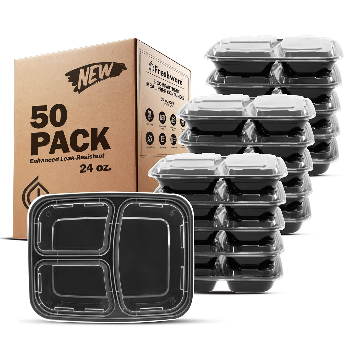 Freshware Recipientes para Preparación de Comidas, Herméticos - 3 compartimentos, paquete de 50, 24 onzas