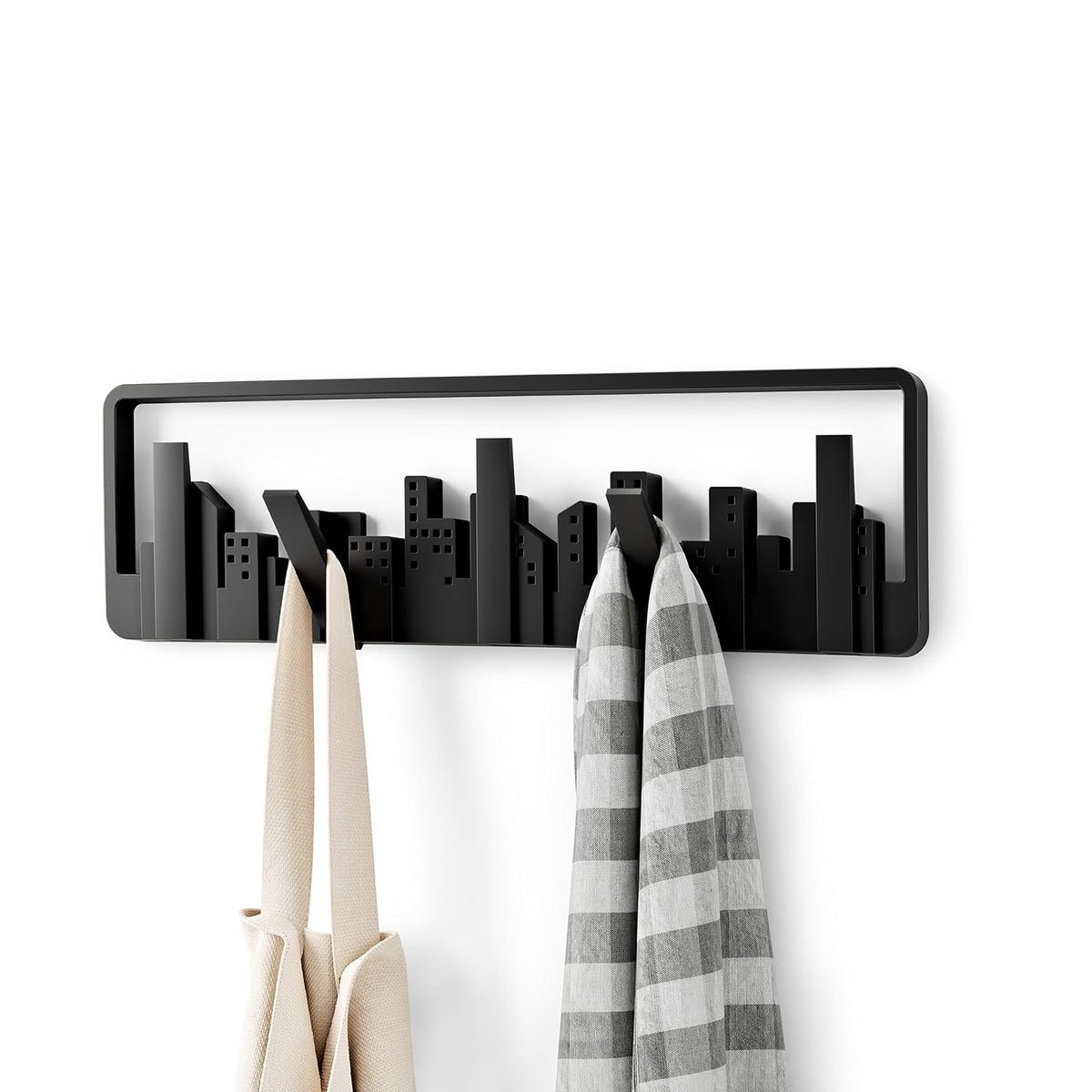 Umbra Skyline Perchero Decorativo de Pared con 5 Ganchos Retráctiles para Colgar Bolsas y Abrigos, Negro