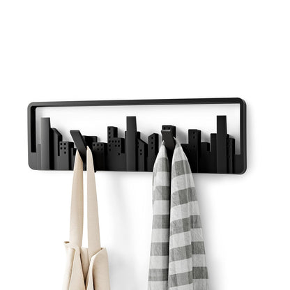 Umbra Skyline Perchero Decorativo de Pared con 5 Ganchos Retráctiles para Colgar Bolsas y Abrigos, Negro