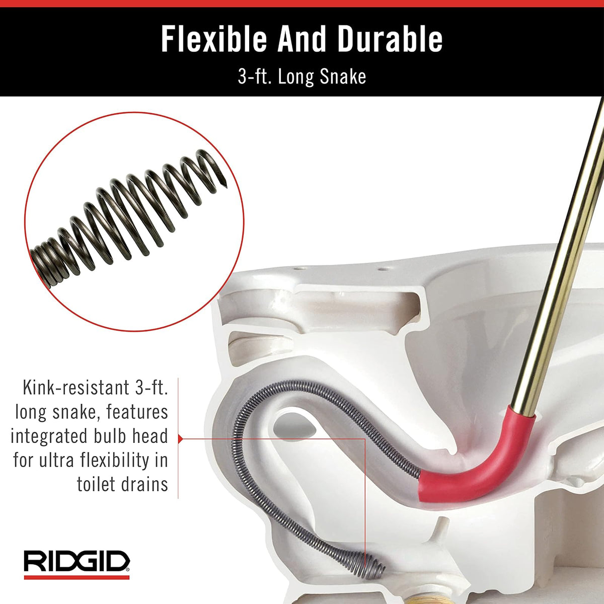 RIDGID - Destapacaños para Inodoros K3, Limpieza de Obstrucciones, con Cabezal y Cubierta de Vinilo, Cable Flexible, Diseño Ergonómico, Plomería, Kit de Herramientas