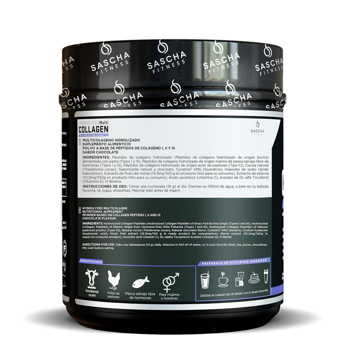 Sascha Fitness Multi Colágeno Hidrolizado | Ácido Hialurónico | Biotina | Cynatine HNS | Vitamina C & E - Sabor Chocolate