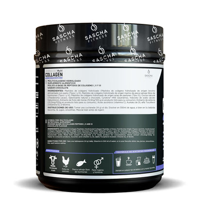 Sascha Fitness Multi Colágeno Hidrolizado | Ácido Hialurónico | Biotina | Cynatine HNS | Vitamina C & E - Sabor Chocolate
