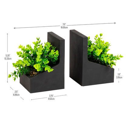 Mind Reader - Sujetalibros contemporáneos para macetas, Soportes para Libros con vegetación sintética, Organizador Decorativo de computadora o estantes, Cemento, Juego de 2, Negro