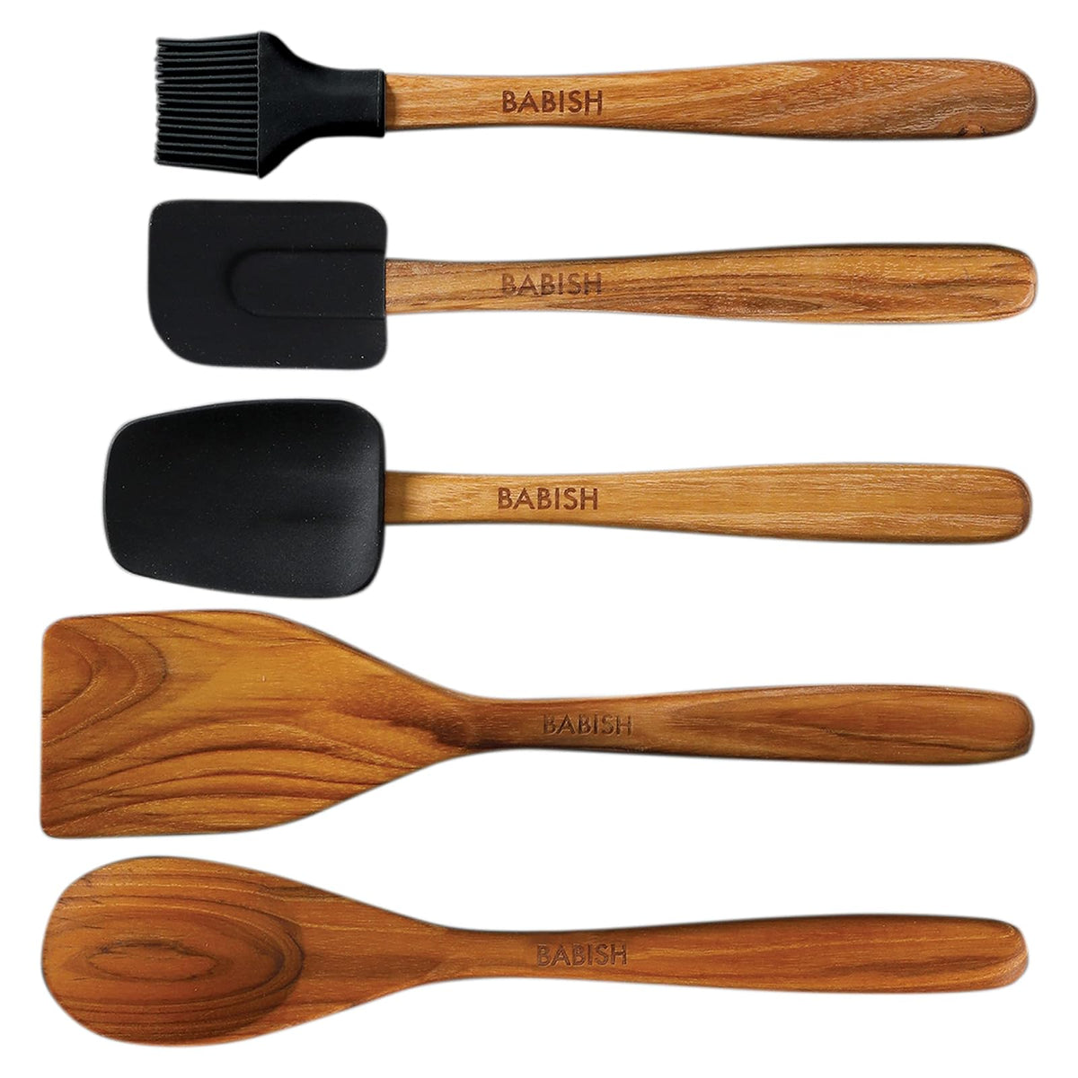 Babish - Juego de herramientas esenciales de madera de teca, silicona y acero inoxidable, 11 piezas
