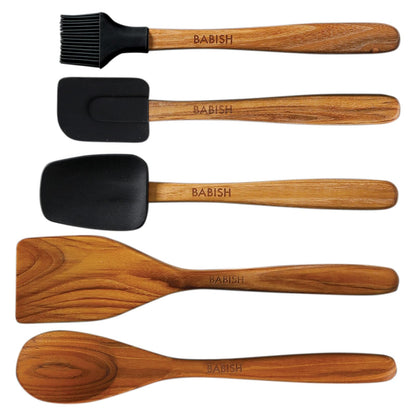 Babish - Juego de herramientas esenciales de madera de teca, silicona y acero inoxidable, 11 piezas