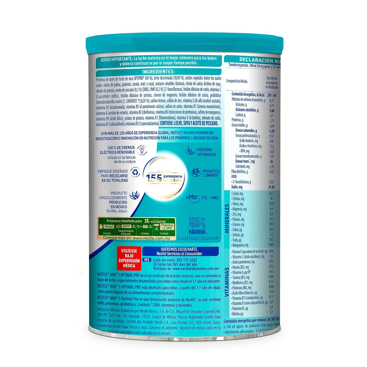 NAN 3 Optimal Pro, Alimento Para Niños A Base de Leche, 1 Año, Lata 1.2 kg