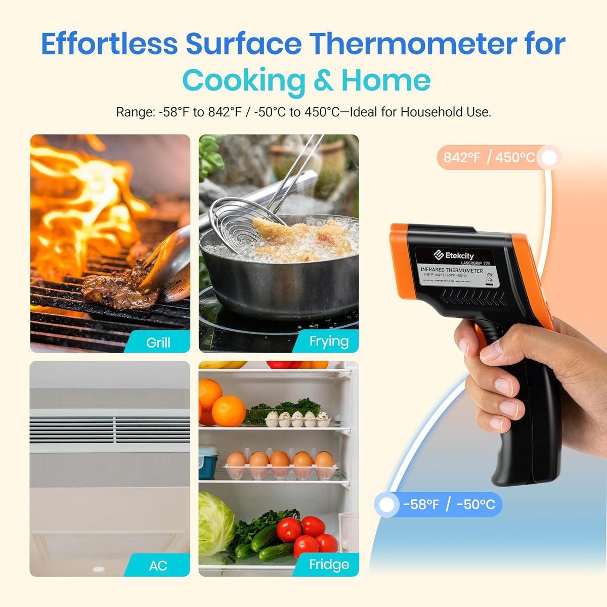 Etekcity - Pistola de temperatura infrarroja para horno de pizza, parrilla, carne, caramelos, motor del vehículo, lector de temperatura superficial de -124 °F a 1000 °F, naranja