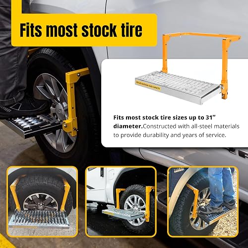 MAXXHAUL 50694 - Escalón de Servicio Ajustable para neumáticos de camión de 21-1/2 x 7.3 Pulgadas, con Plataforma Antideslizante, Capacidad Plegable de 300 Libras