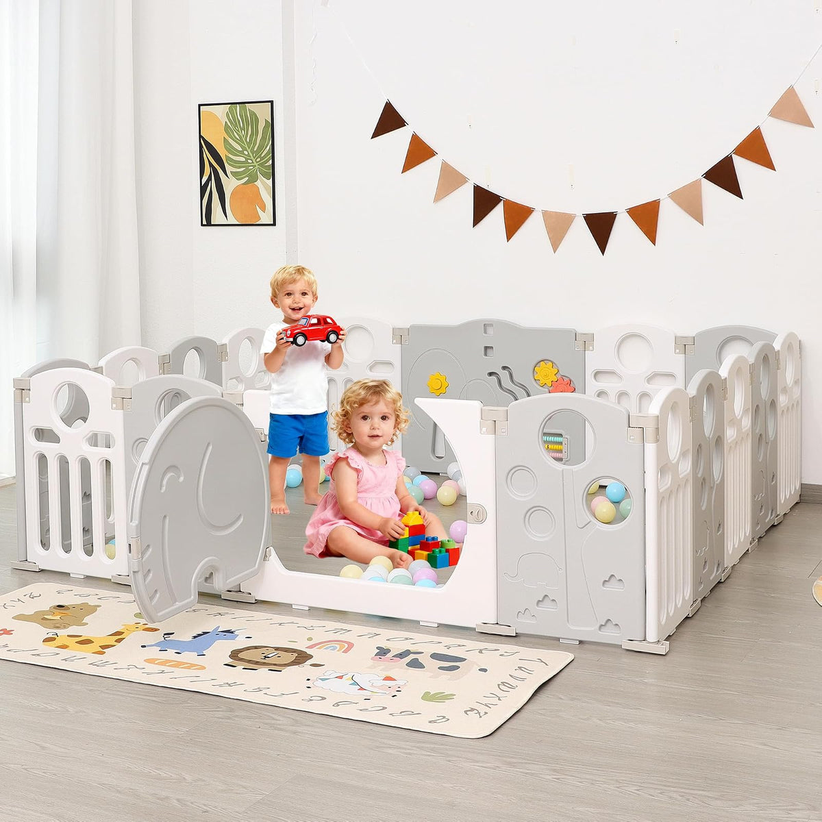 HAPPYMATY Baby Playpen, 18-Panel plegable Play Pen para bebés y niños pequeños Cerca para bebé con panel de juego Sensorial, Forma ajustable Centro de juego de actividad, Portátil y de montaje