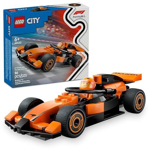 LEGO® City Piloto de F1® con Auto McLaren Juguete de construcción de minivehículo, Juego de Carreras con minifigura para niños y niñas Desde 6 años, Regalo Divertido 60442