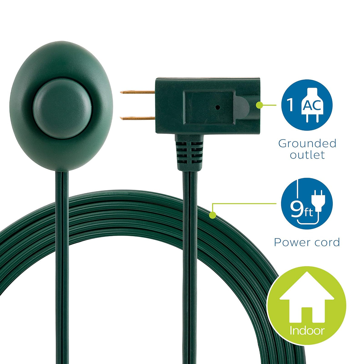 PHILIPS, Verde, Interruptor de pie enchufable, Cable de 9 pies de Largo, un tomacorriente polarizado, Interruptor de Encendido/Apagado, Perfecto para iluminación Interior, SPS1036GF / 27