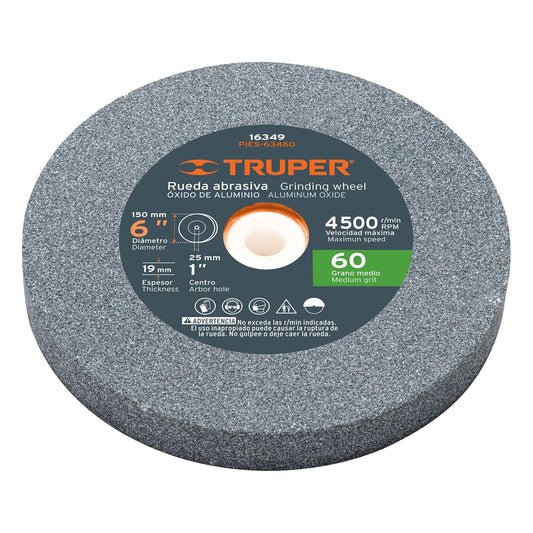 Truper PIES-63460, Piedra para esmeril, óxido de aluminio 6", grano 60, espesor 3/4", barreno 1"