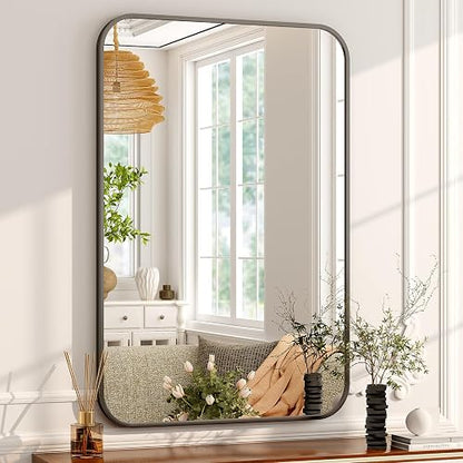 Easly - Espejo de baño de 20 x 28 pulgadas, espejo rectangular redondeado para pared, espejo moderno para decoración de habitaciones, espejos de pared con marco negro para decoración del hogar, cuelga