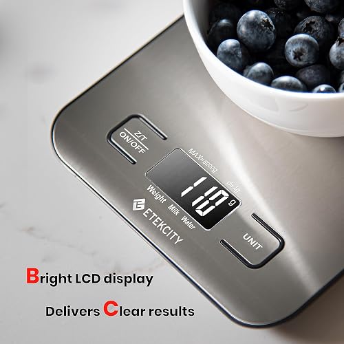 Etekcity Báscula de Cocina Digital de Precisión, Balanza Cocina de Acero Inoxidable 5 kg/ 11 lbs, Peso Cocina Multifuncional, Pantalla LCD, 2 Baterías Incluidas