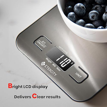 Etekcity Báscula de Cocina Digital de Precisión, Balanza Cocina de Acero Inoxidable 5 kg/ 11 lbs, Peso Cocina Multifuncional, Pantalla LCD, 2 Baterías Incluidas