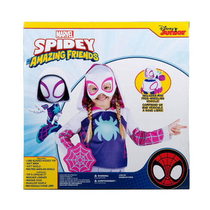 Marvel Ghost Spider - Juego de caja de vestir para niños pequeños - Parte superior de disfraces, máscara de tela, accesorio de protección web y mini vehículo de juguete (3T-4T) multicolor