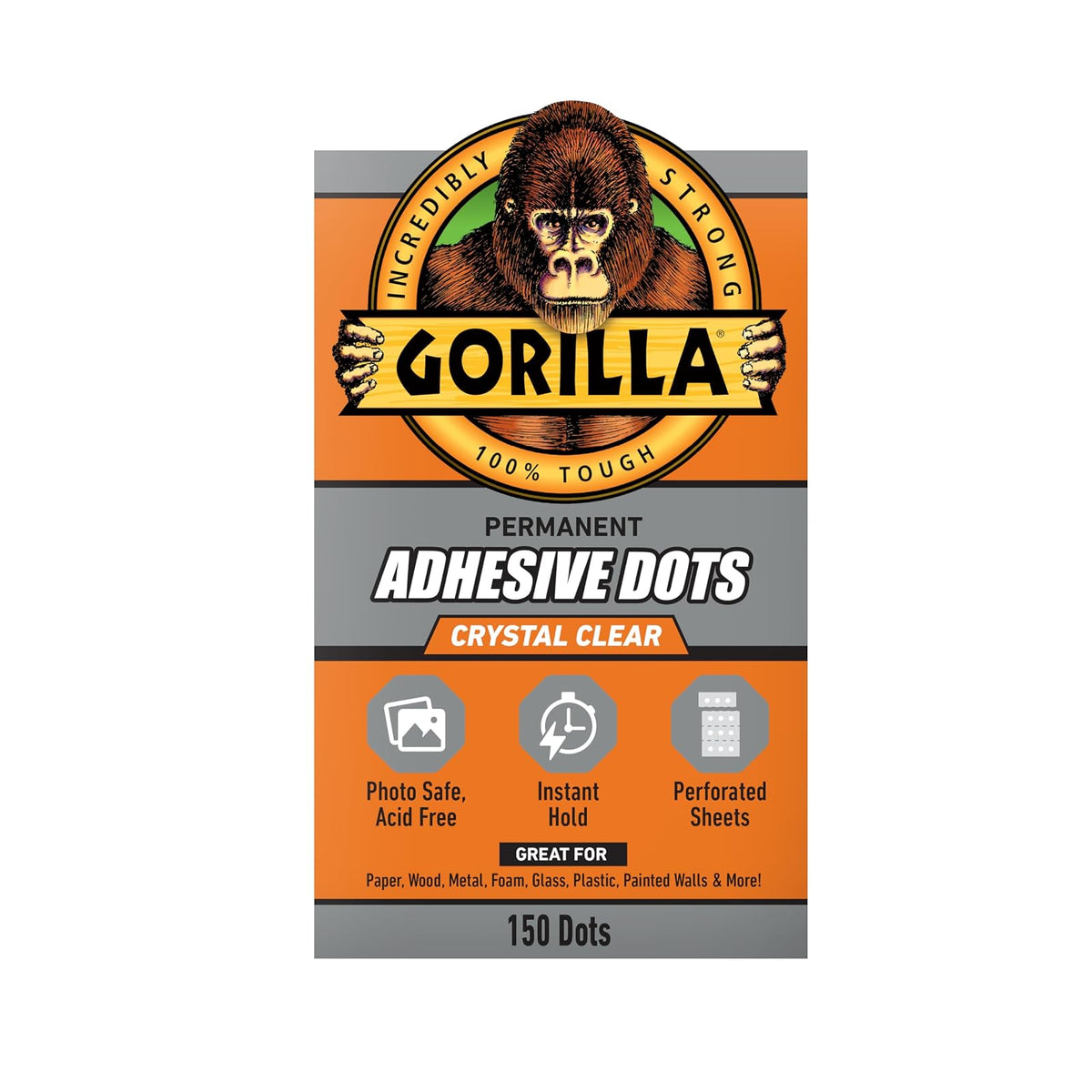Gorilla - Puntos adhesivos permanentes, de doble cara, transparente, 0.5 pulgadas de diámetro, 150 piezas (paquete de 1) - No ensucia, seguro para fotos