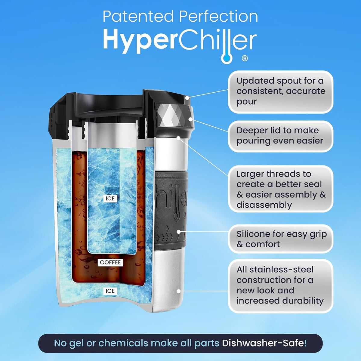 HyperChiller El original pero nuevo enfriador de café helado/bebidas patentado HC2SS de acero inoxidable listo en un minuto, reutilizable para té helado, vino, licores, alcohol, jugo, 12 onzas, acero