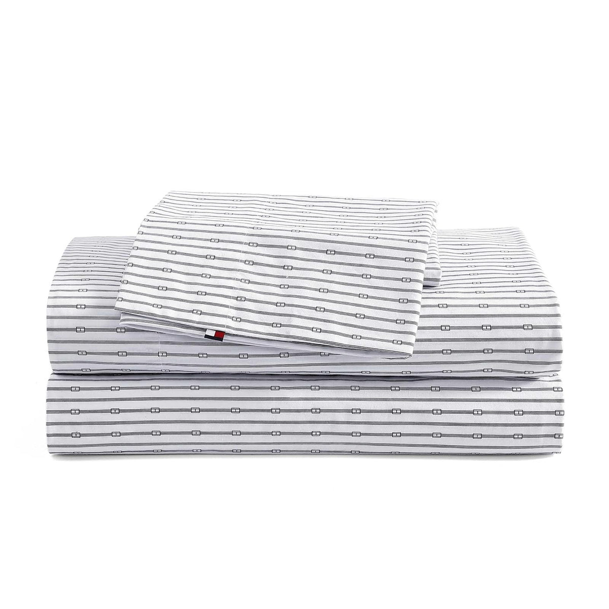 Tommy Hilfiger Juego de Sábanas 100% Percal de Algodón - Monograma Rayas Azul Marino - Individual