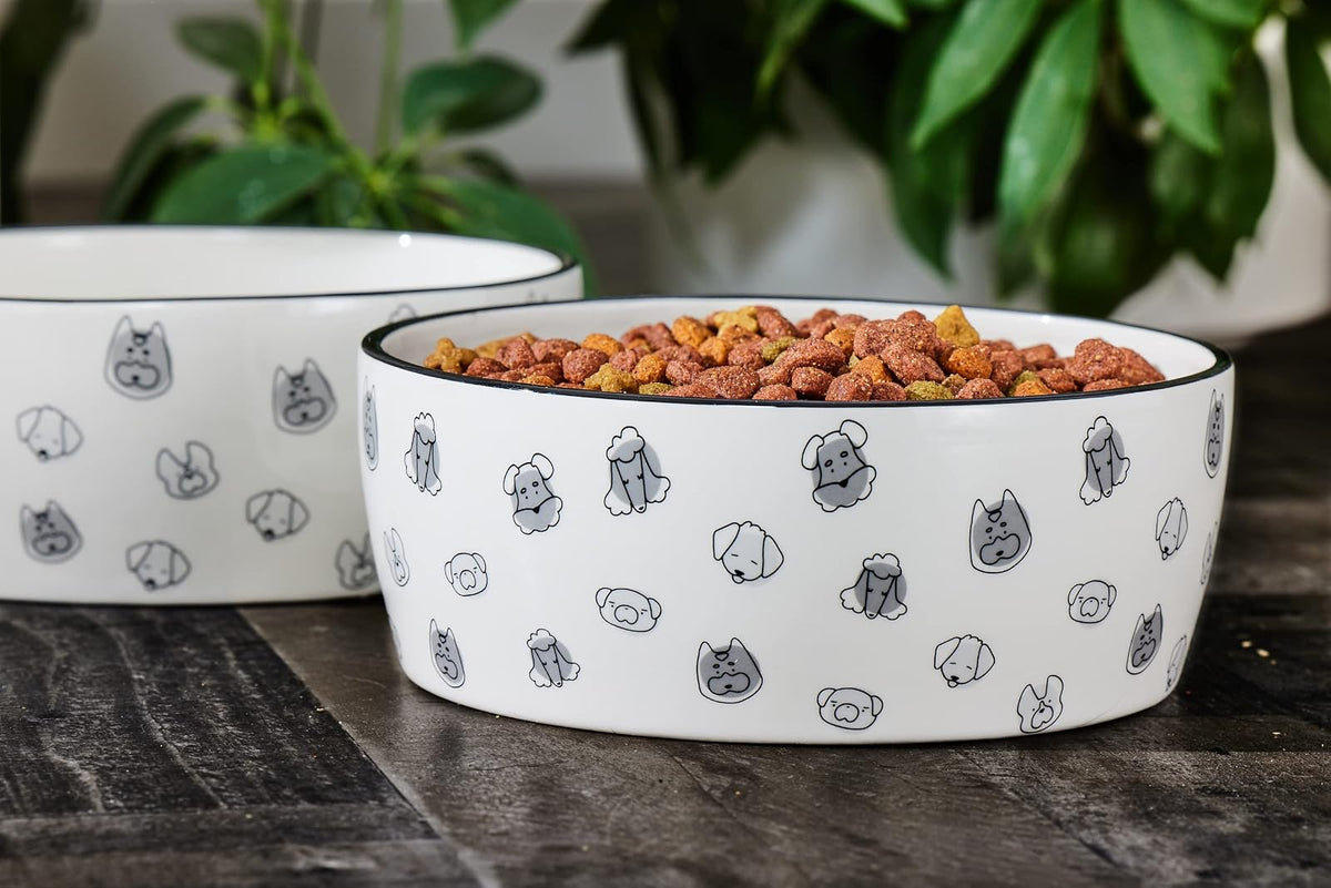 Pearhead Dog Faces - Cuenco para Mascotas, Plato de Agua y Comida para Perros, Accesorio para Perros dueños de Mascotas, cerámica, Gris y Blanco, Grande