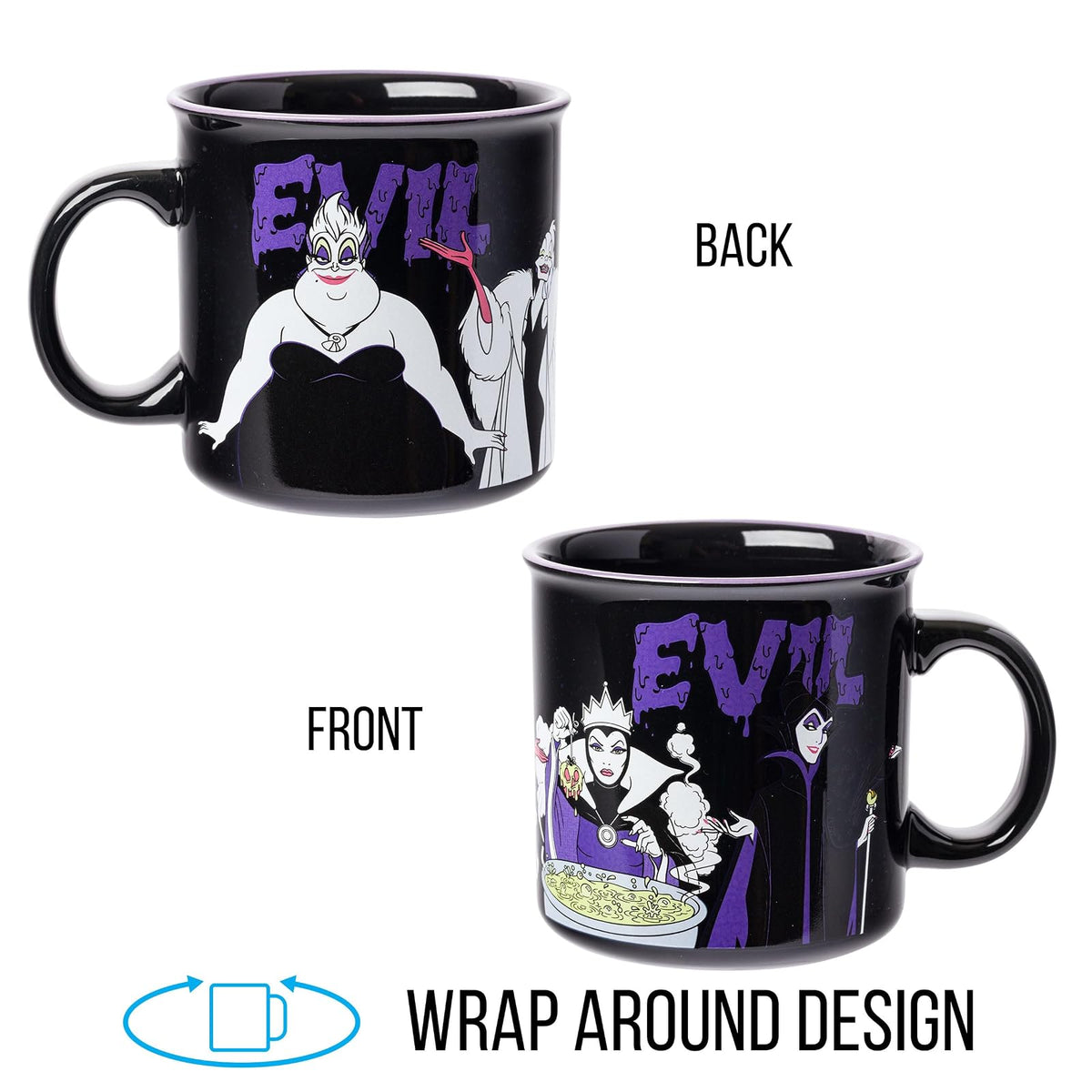 Silver Buffalo Disney Villains Evil With Ursula, Cruella de Vil, The Evil Queen y Maléfica taza de cerámica para campista, 20 onzas