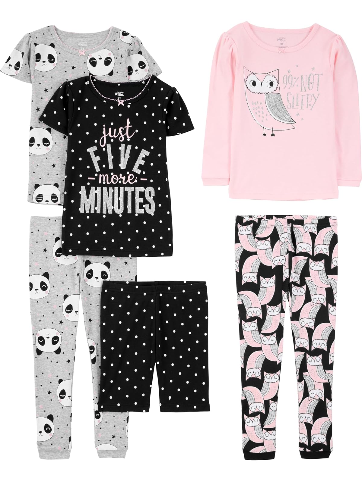 Simple Joys by Carter's Pijama 6 Piezas Ajuste Cómodo Niña - 2 Años - Owl - Panda - Dots