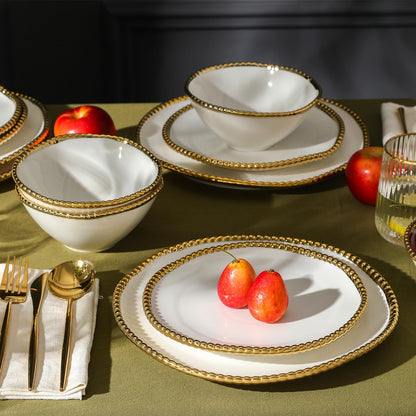 Christian Siriano Akoya - Juego de vajilla de porcelana, 12 piezas, juego de platos para 4, platos y cuencos, blanco y dorado